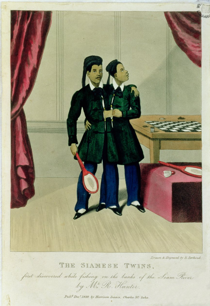 De siamesiske tvillinger, først opdaget under fiskeri på bredden af Siam-floden af Mr. R. Hunter, 1829 af Henry Berthoud
