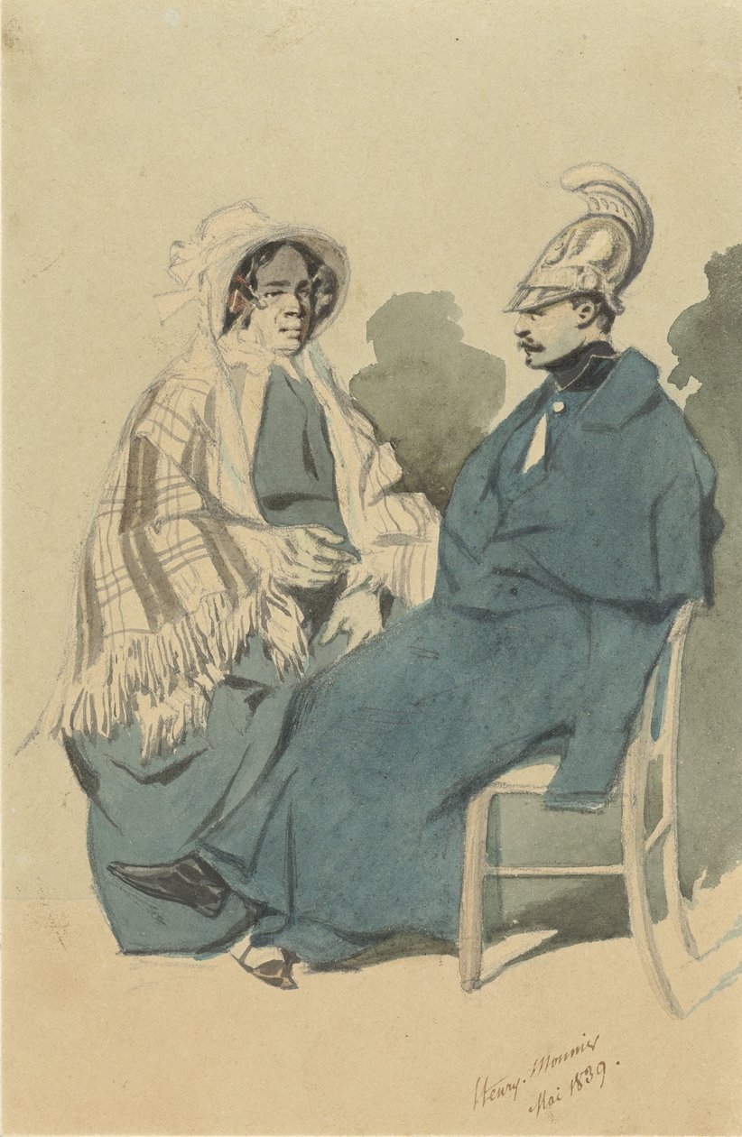 Cuirassier med hjelm og blå kappe, sidder ved siden af ​​en gammel dame på rejsetoilet af Henry Bonaventure Monnier