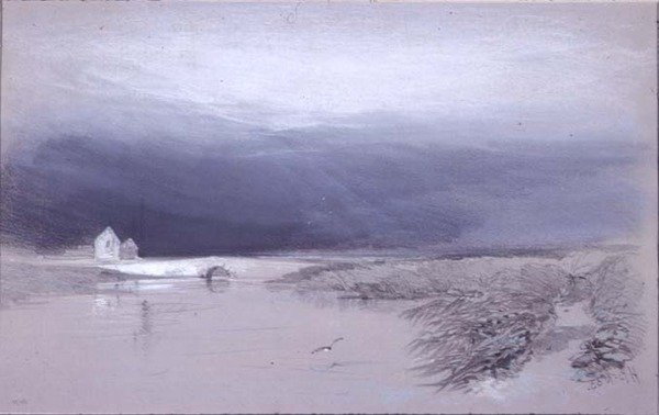 Landskab med flod og bro: Regn på vej af Henry Bright