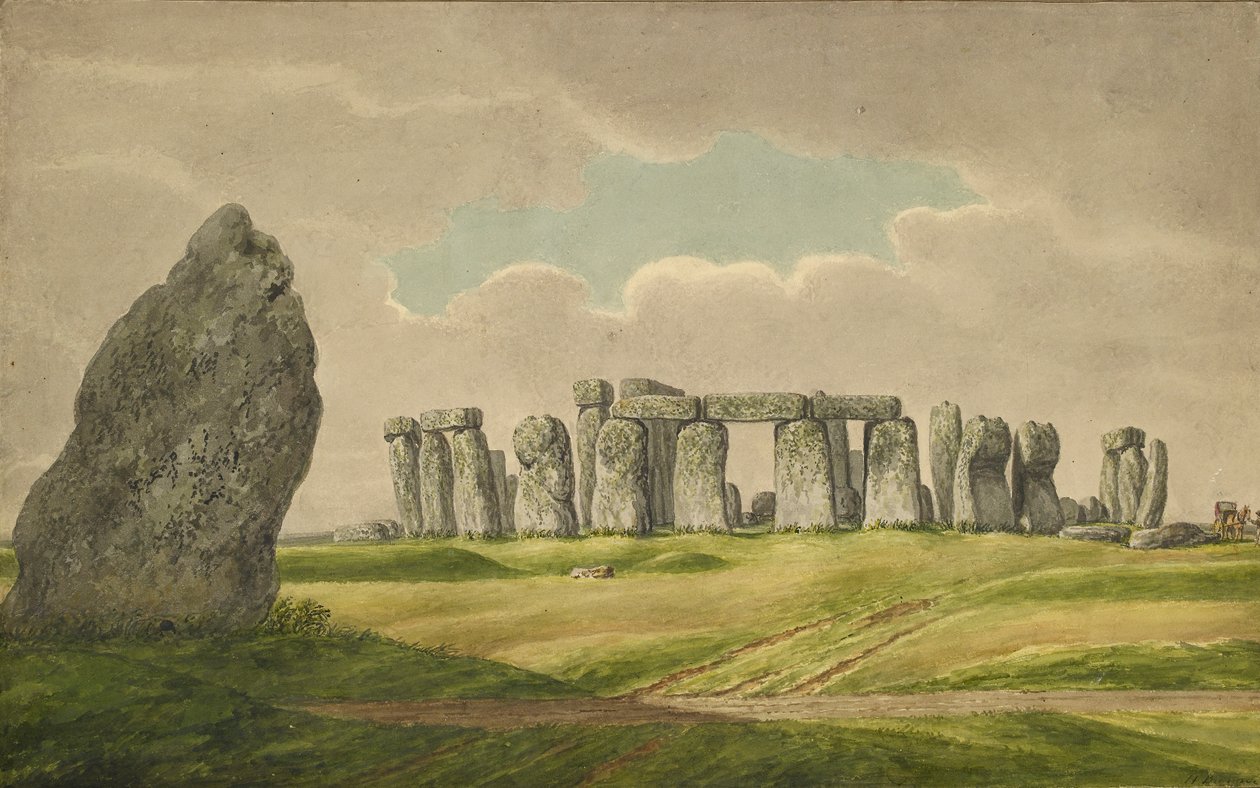 Stonehenge fra N.E., viser ruiner og hælsten med vogn, hest, person, 1824-1839 af Henry Browne