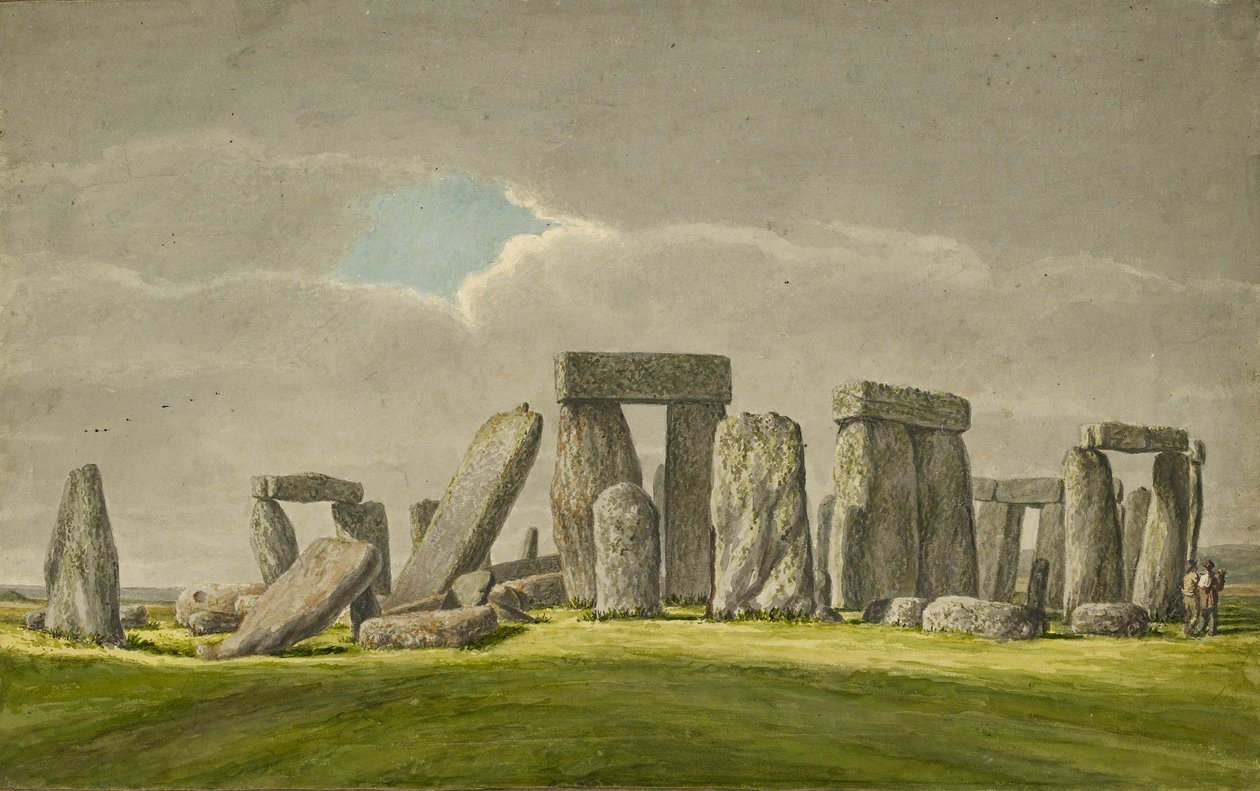 Stonehenge fra S.E., der viser sten i ødelagt tilstand med 2 besøgende, 1824-1839 af Henry Browne