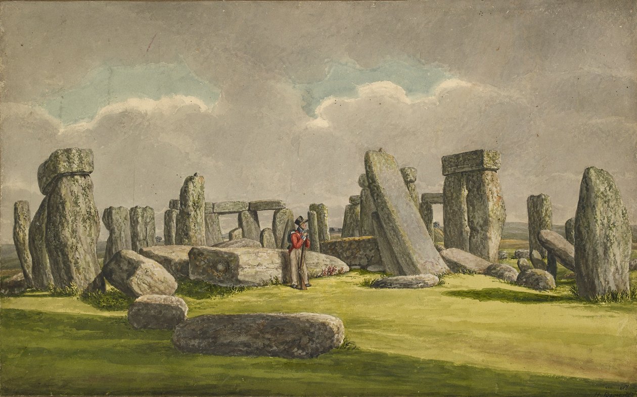 Stonehenge fra W.S.W., viser ruiner med soldat, 1824-1839 af Henry Browne