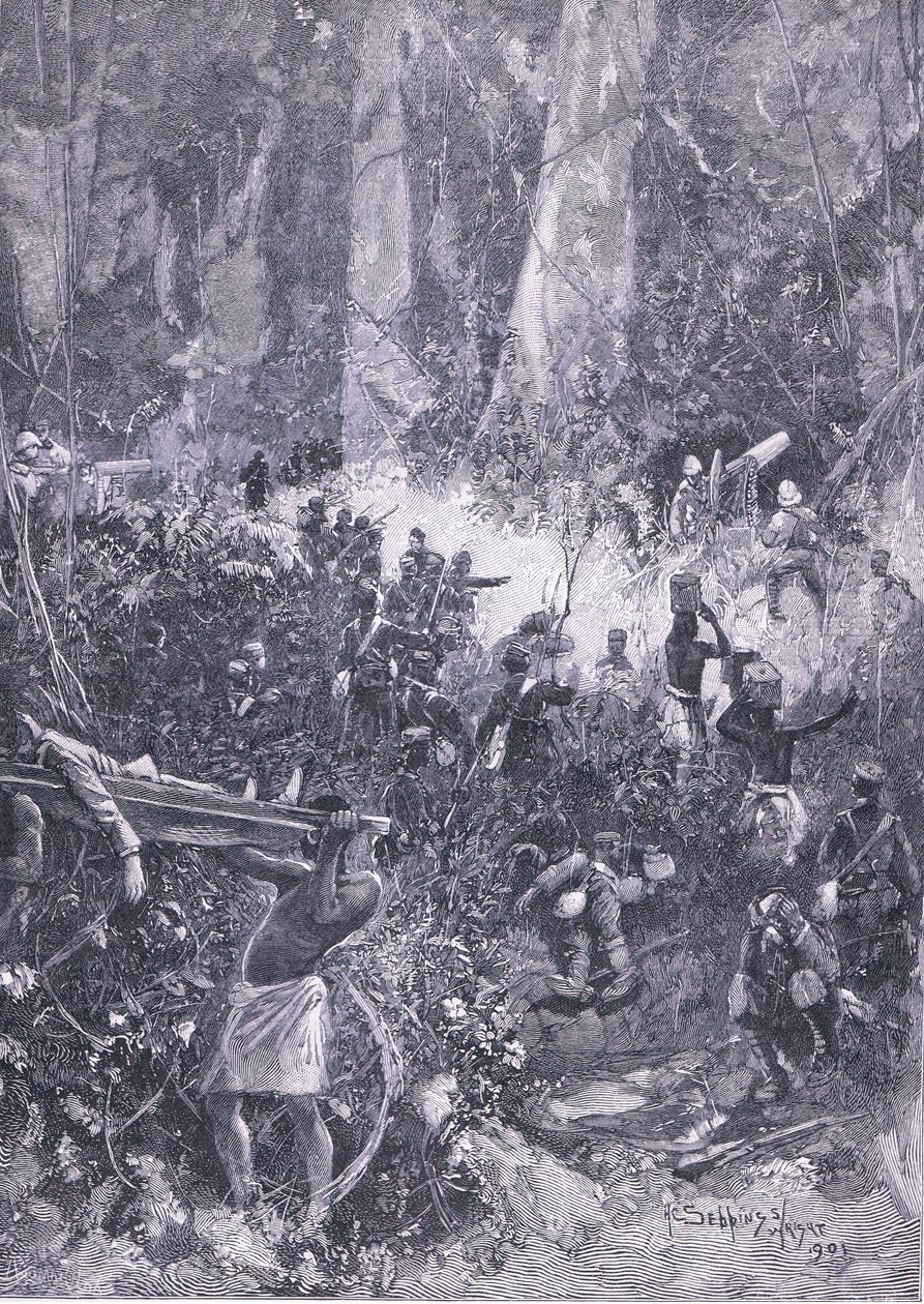 Ashanti-krigen 1900: En kamp i skoven, illustration fra Cassells History of England, 1900-tallet af Henry Charles Seppings Wright