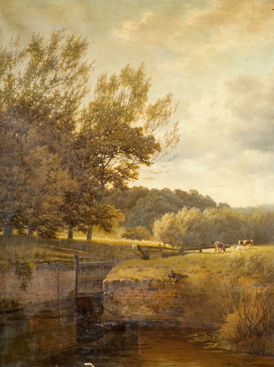 Skovklædt landskab med dreng, der fisker i en lås, 1931. af Henry Cheadle
