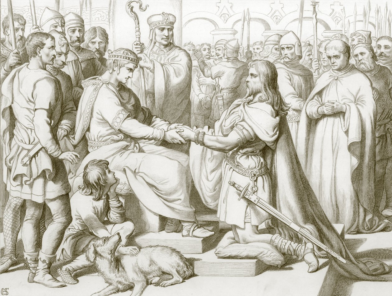 Hvordan Hereward kom ind til kongen (kobberstik) af Henry Courtney (after) Selous