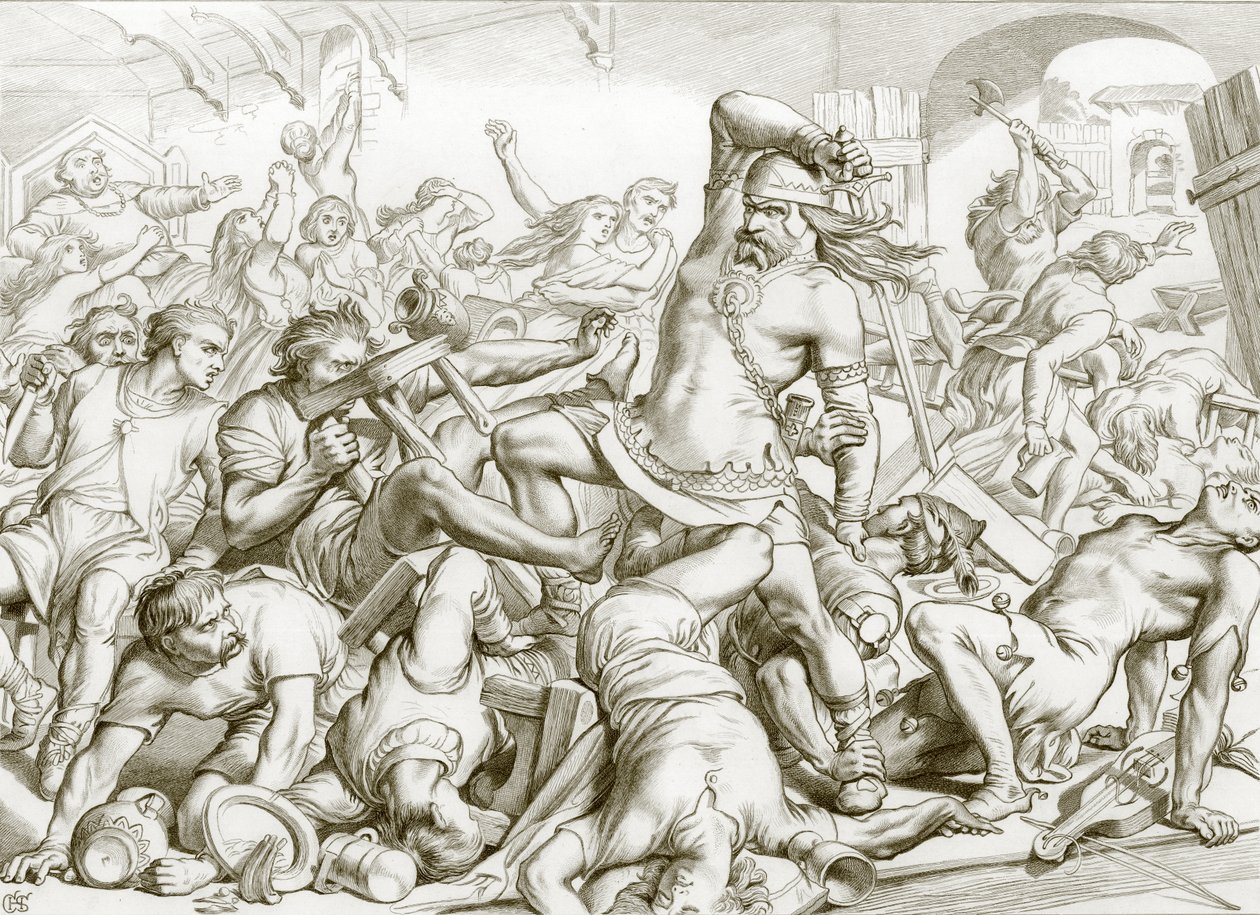 Hvordan Hereward ryddede Bourne for franskmænd (kobberstik) af Henry Courtney (after) Selous
