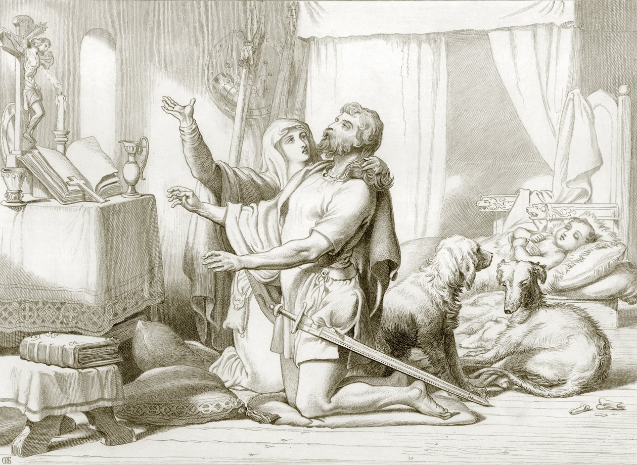 Hvordan Torfrida lærer Hereward at bede (kobberstik) af Henry Courtney (after) Selous