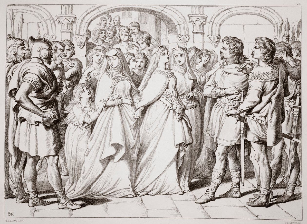 Alftruda genkender Hereward, illustration fra Hereward the Great af Charles Kingsley, pub. 1870, graveret af C.G. Lewis (stålpladegravering) af Henry Courtney Selous