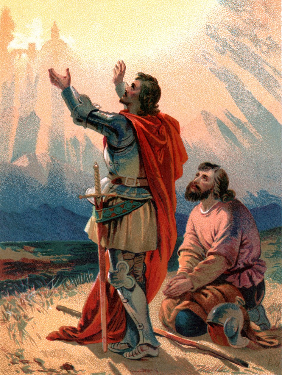 "Christian, titlens pilgrim, knæler forundret, da han og hans ledsager ankommer inden for synsvidde af den hellige by" af Henry Courtney Selous