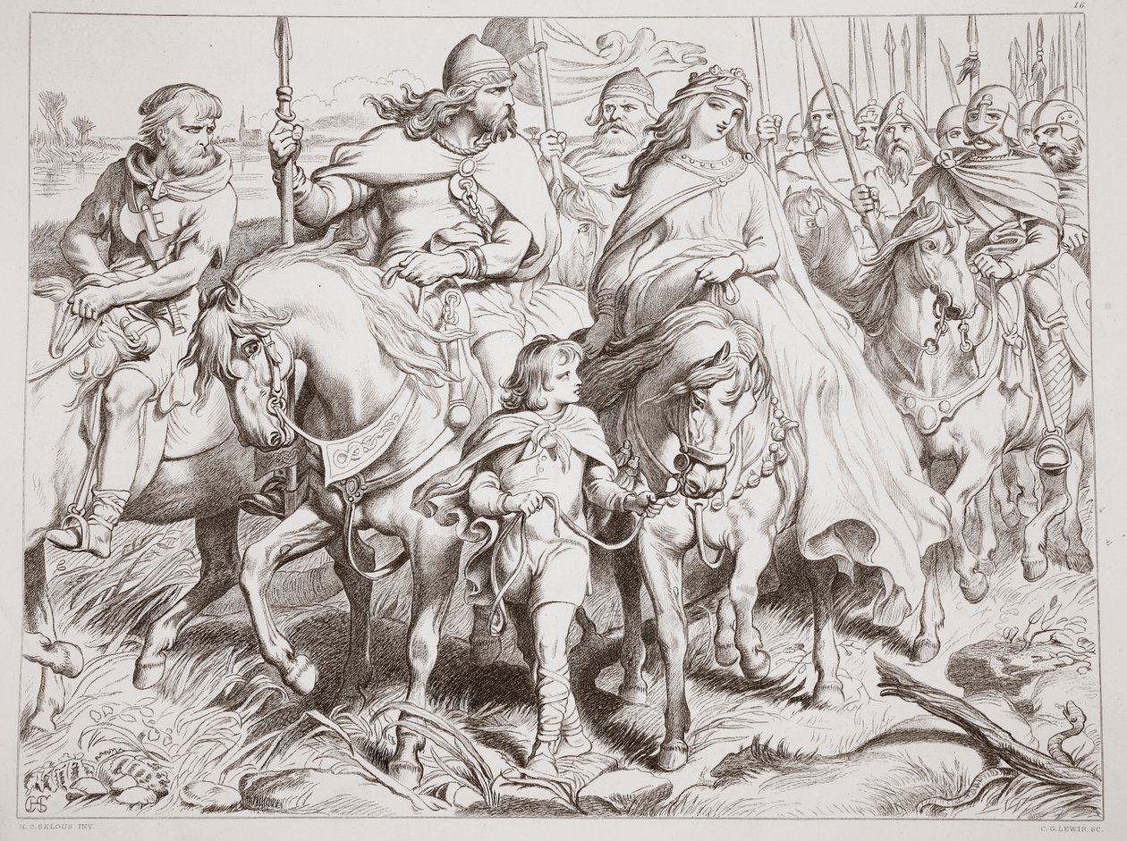 Hereward bevogter Alftruda til et sikkert sted, illustration fra Hereward den Store af Charles Kingsley, pub. 1870, graveret af C.G. Lewis (stålpladegravering) af Henry Courtney Selous