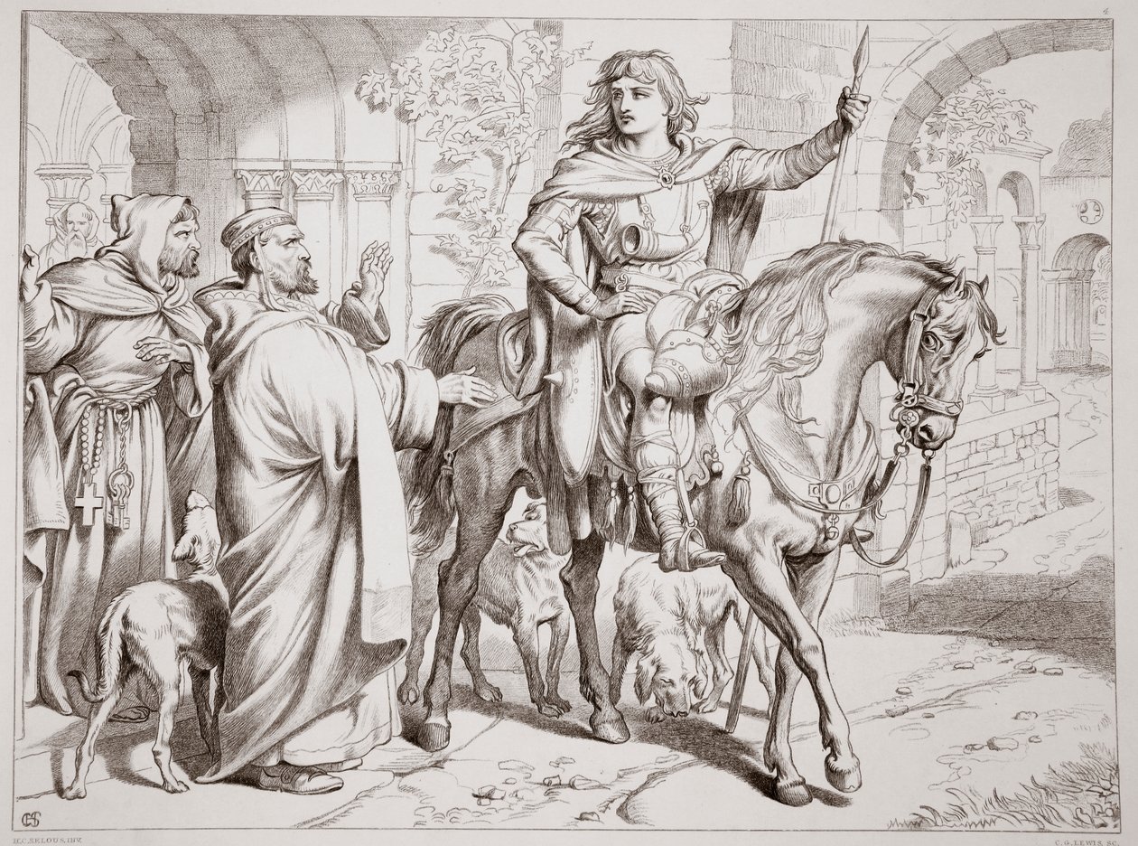 Hereward informerer sin onkel Prior om, at han er ved at blive forbudt, illustration fra Hereward den Store af Charles Kingsley, pub. 1870, graveret af C.G. Lewis (stålpladegravering) af Henry Courtney Selous