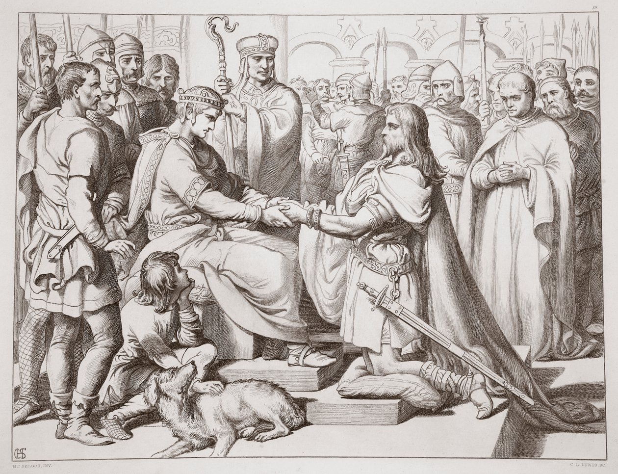 Hvordan Hereward kom ind til kongen, illustration fra Hereward den Store af Charles Kingsley, udgivet af Charles Kingsley. 1870, graveret af C.G. Lewis (stålpladestik) af Henry Courtney Selous