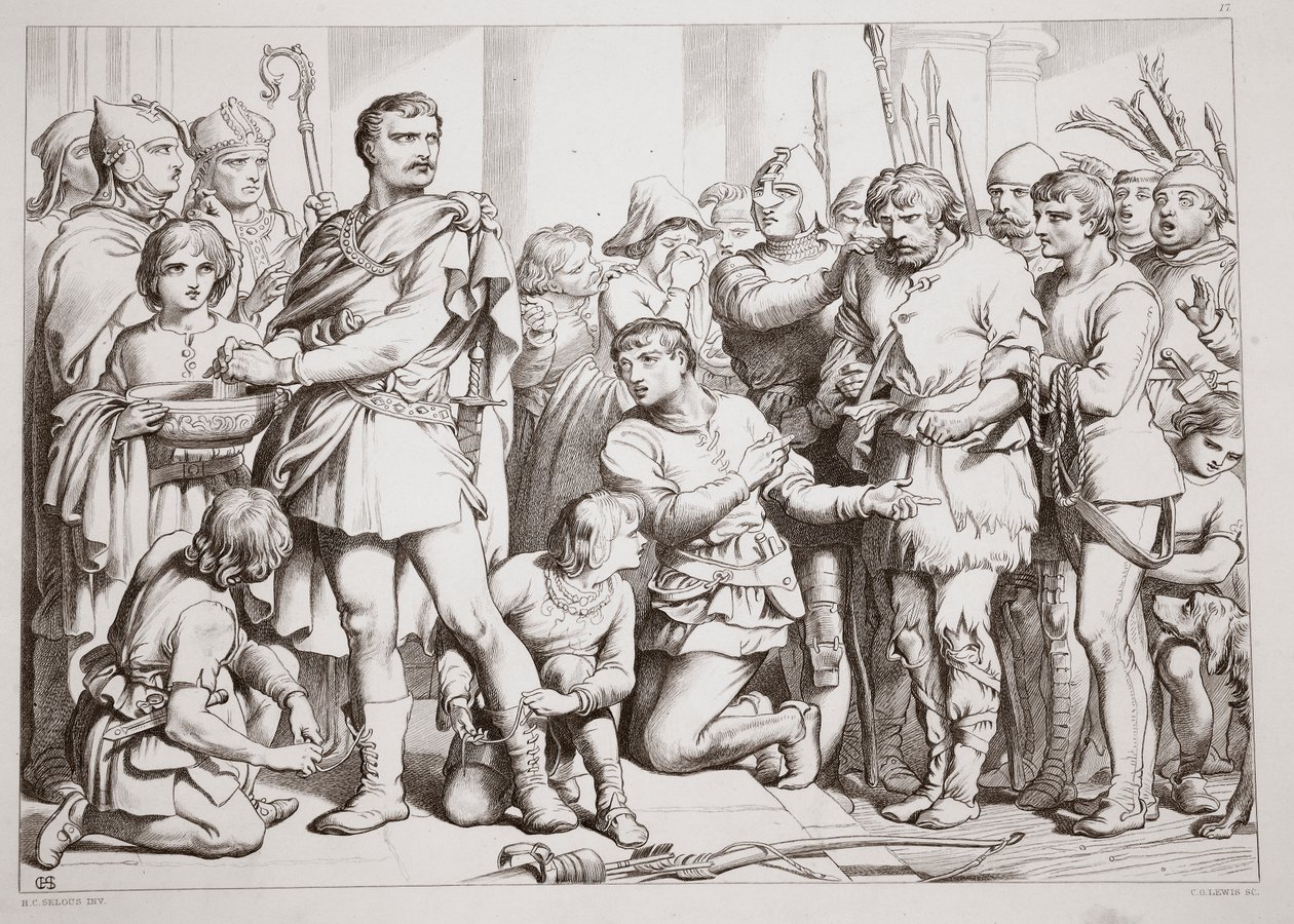 Hvordan Hereward spillede keramikeren og snød kongen, illustration fra Hereward den Store af Charles Kingsley, pub. 1870, graveret af C.G. Lewis (stålpladegravering) af Henry Courtney Selous
