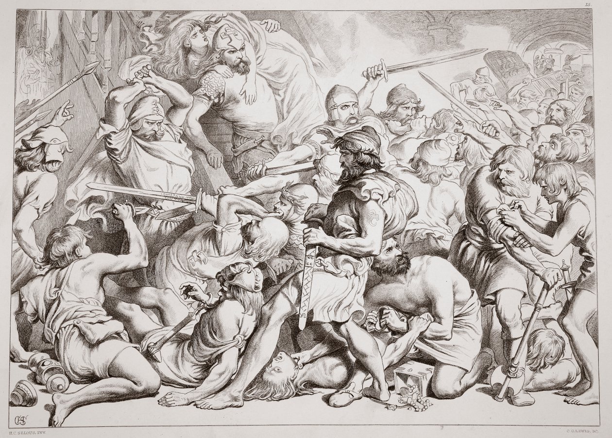 Hvordan Hereward redder Alftruda, illustration fra Hereward the Great af Charles Kingsley, pub. 1870, graveret af C.G. Lewis (stålpladegravering) af Henry Courtney Selous