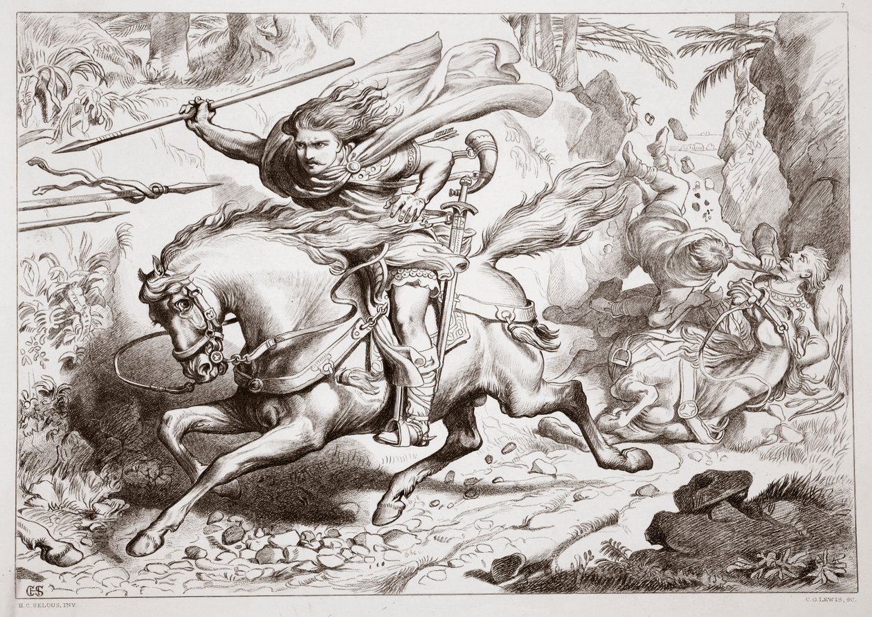Hvordan Hereward blev fanget i en fælde, illustration fra Hereward the Great af Charles Kingsley, pub. 1870, graveret af C.G. Lewis (stålpladegravering) af Henry Courtney Selous