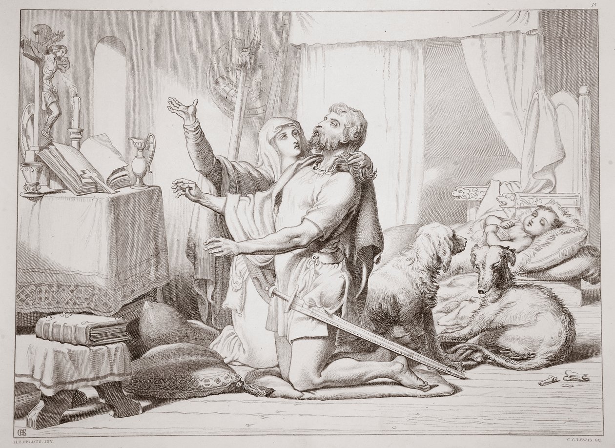 Hvordan Torfrida lærer Hereward at bede, illustration fra Hereward the Great af Charles Kingsley, udgivet af Charles Kingsley. 1870, graveret af C.G. Lewis (stålpladestik) af Henry Courtney Selous