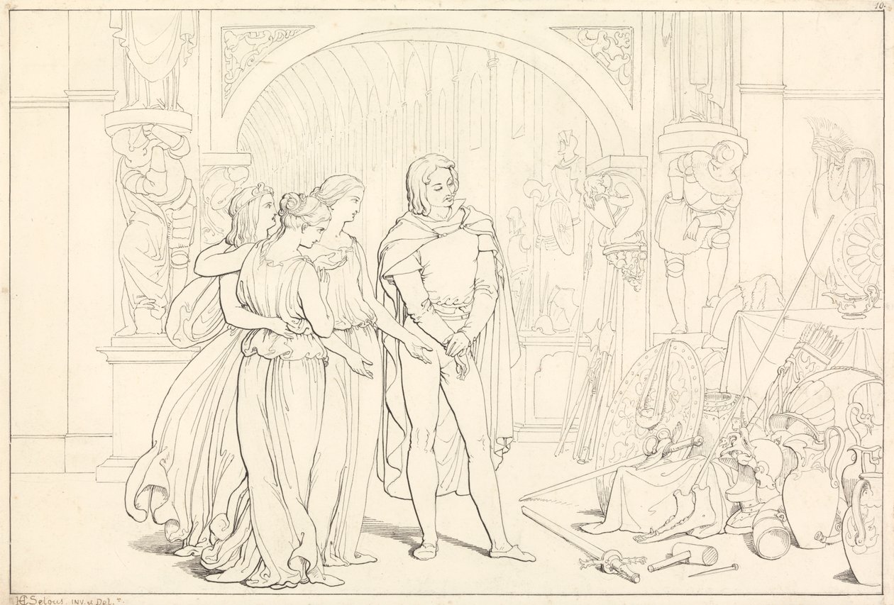 Illustration til Pilgrims Fremgang, 10. (Pilgrimen i våbenhuset) af Henry Courtney Selous