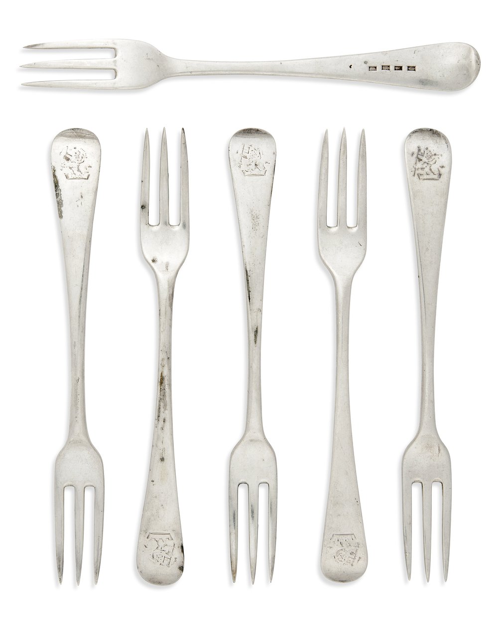 Sæt med George III koloniale gammelengelsk mønster dessertgafler, Gibraltar, ca. 1790 (sølv) af Henry Cowper