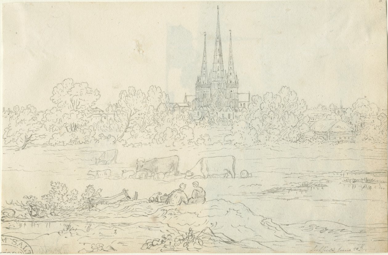 Lichfield Cathedral - East View: pen- og blæktegning, 20. juni [c 1820] (tegning) af Henry Curzon Allport