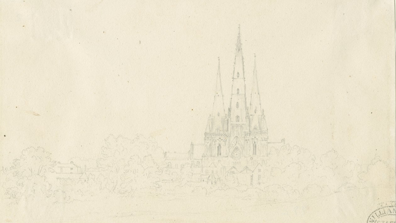 Lichfield Cathedral - East View: blyantstegning, nd [?19. århundrede] af Henry Curzon Allport