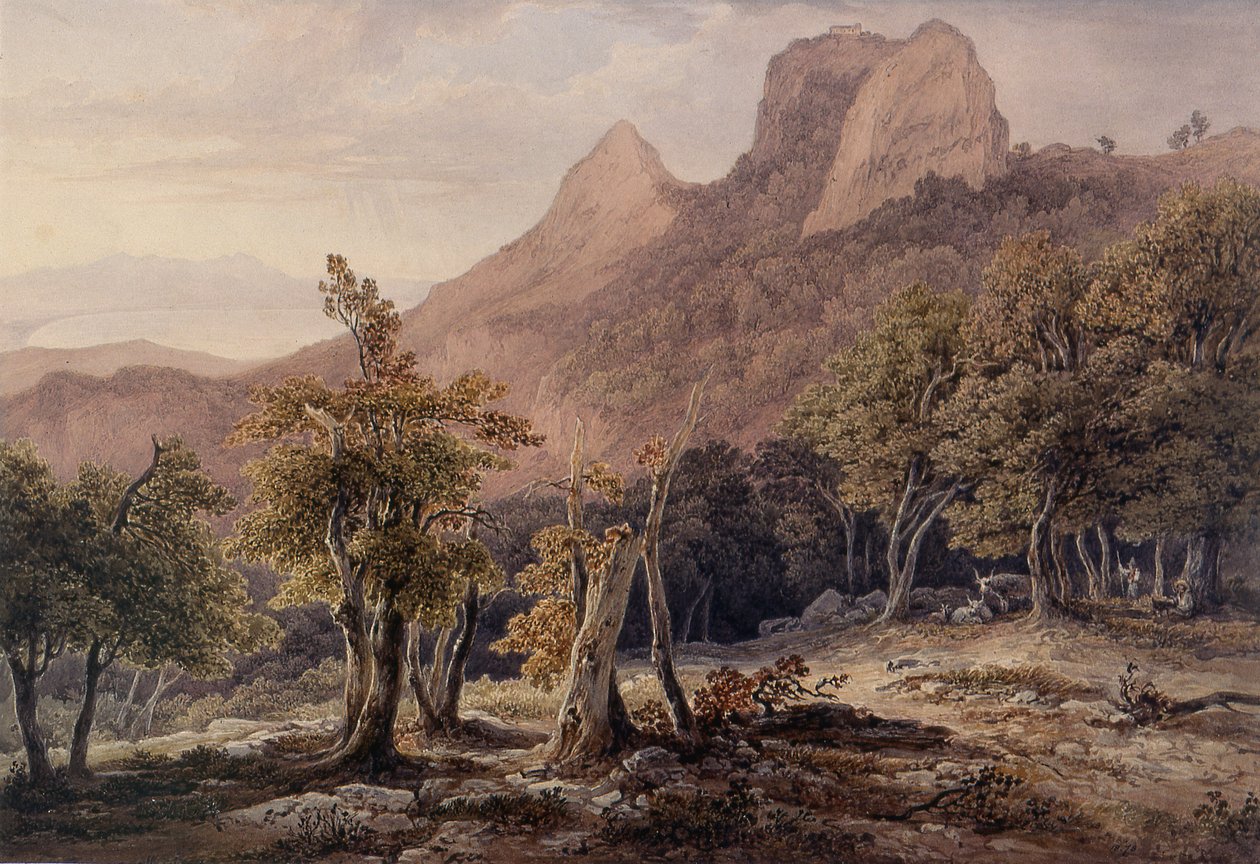 Klippelandskab med figurer og en sø i baggrunden af Henry Curzon Allport