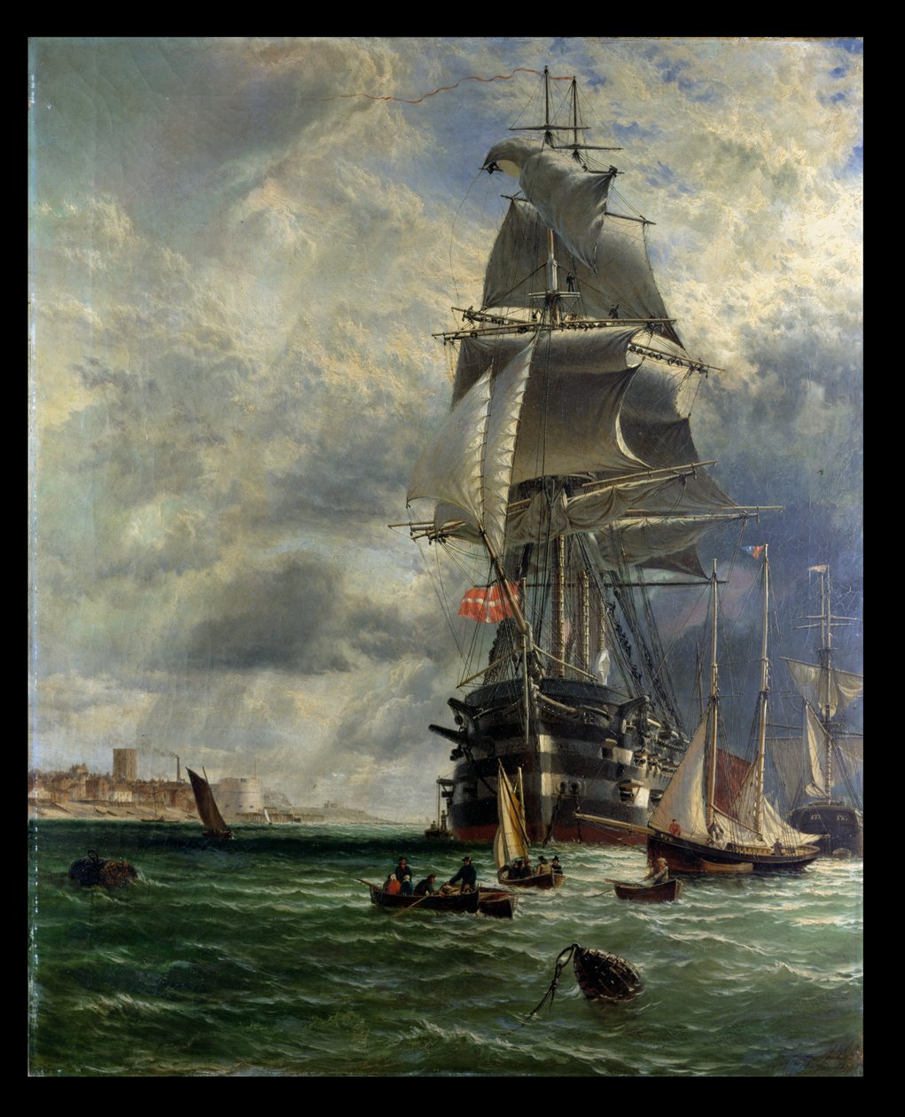 H.M.S. St. Vincent ved sin fortøjning ud for indsejlingen til Haslar Creek, Portsmouth, 1868 af Henry Dawson