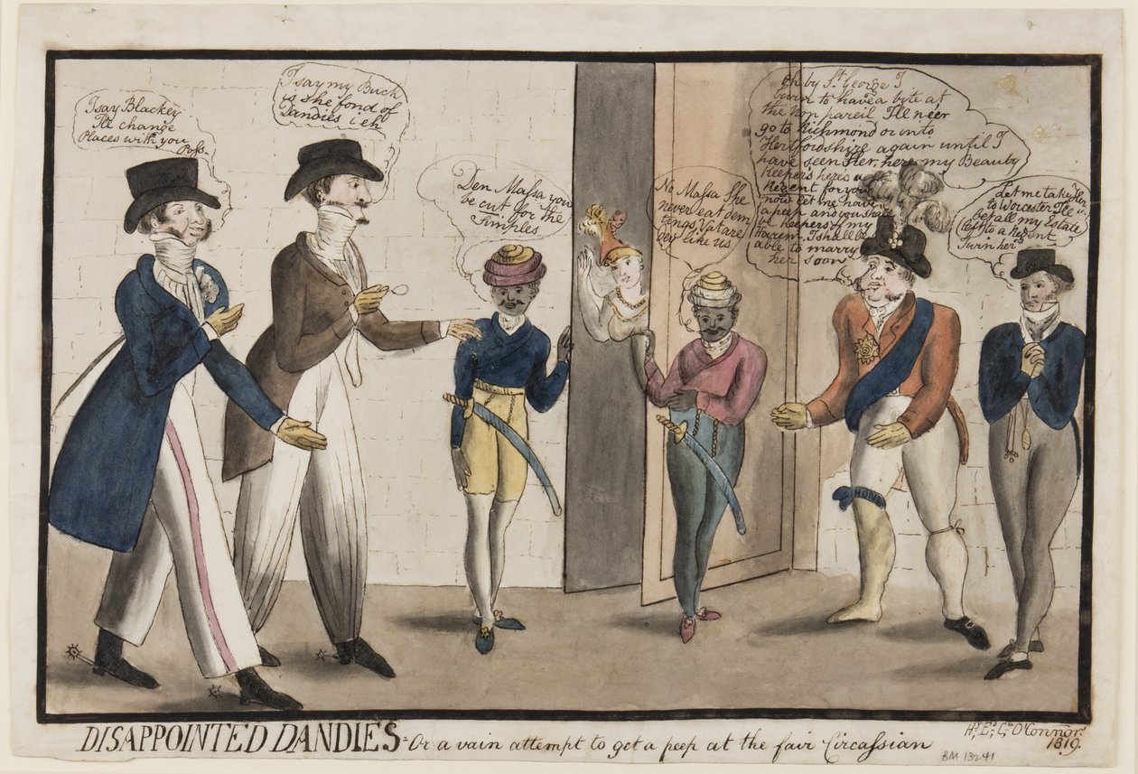 Skuffede Dandies: Eller et forgæves forsøg på at få et kig på messen Circassian, 1819 (pen, pensel, blæk & wc på papir) af Henry E. O. OConnor