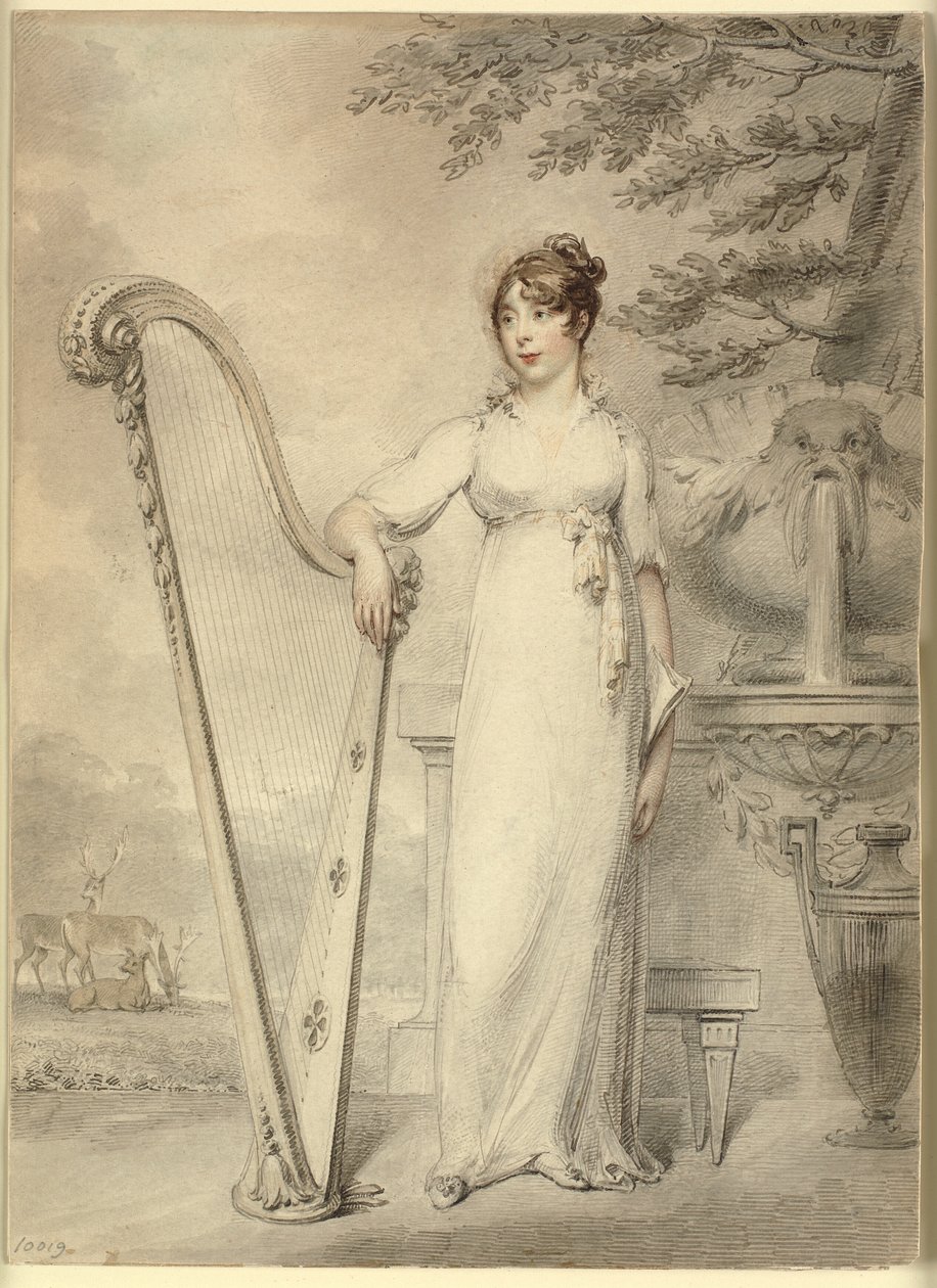 Portræt i fuld længde af "Miss V. Dupuis", der hviler sin arm på en harpe. I baggrunden et springvand og et landskab med hjorte af Henry Edridge