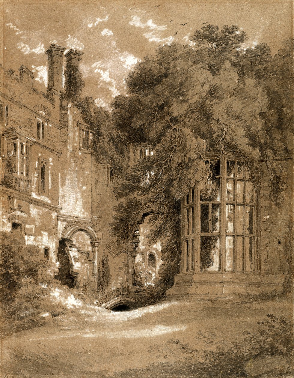 Kenilworth Castle (sort kridt med grå vask forhøjet med hvidt på brunt papir) af Henry Edridge