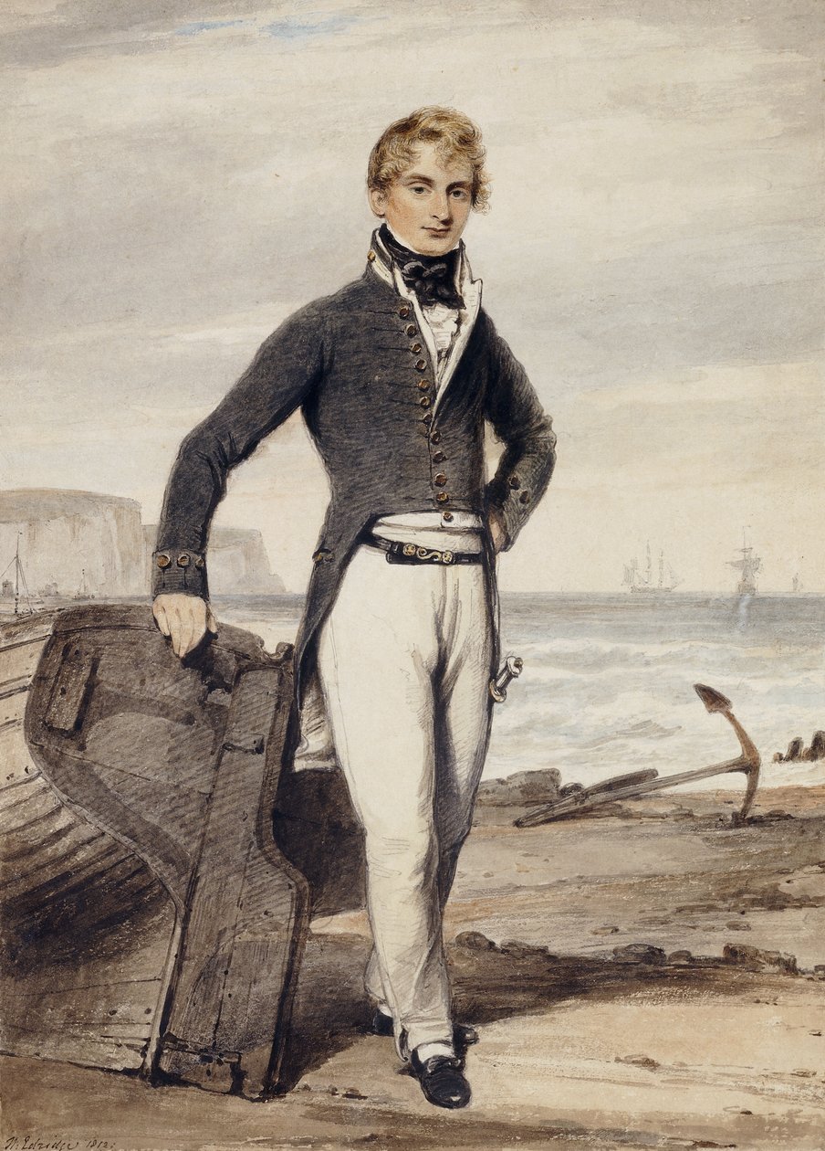 Portræt af Edward Pocock R.N., lille i fuld længde, stående ved siden af en strandet robåd ved lavvande, af Henry Edridge