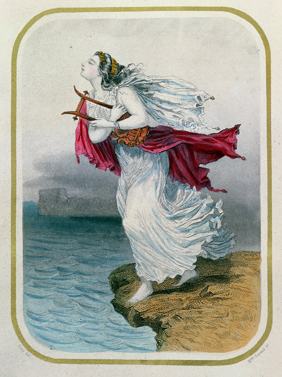 Poetinden, Sappho, kaster sig i havet, indgraveret af Mme Gervais, 1849 af Henry Emy