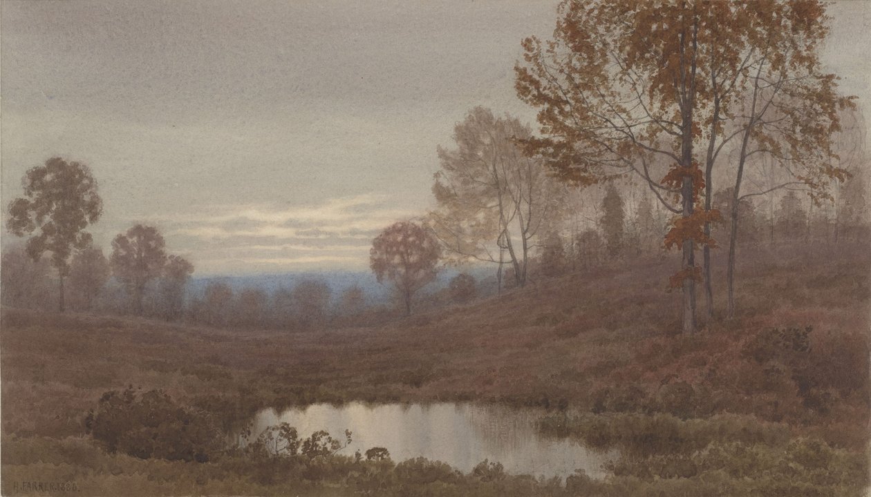 Solnedgangslandskab med dam af Henry Farrer