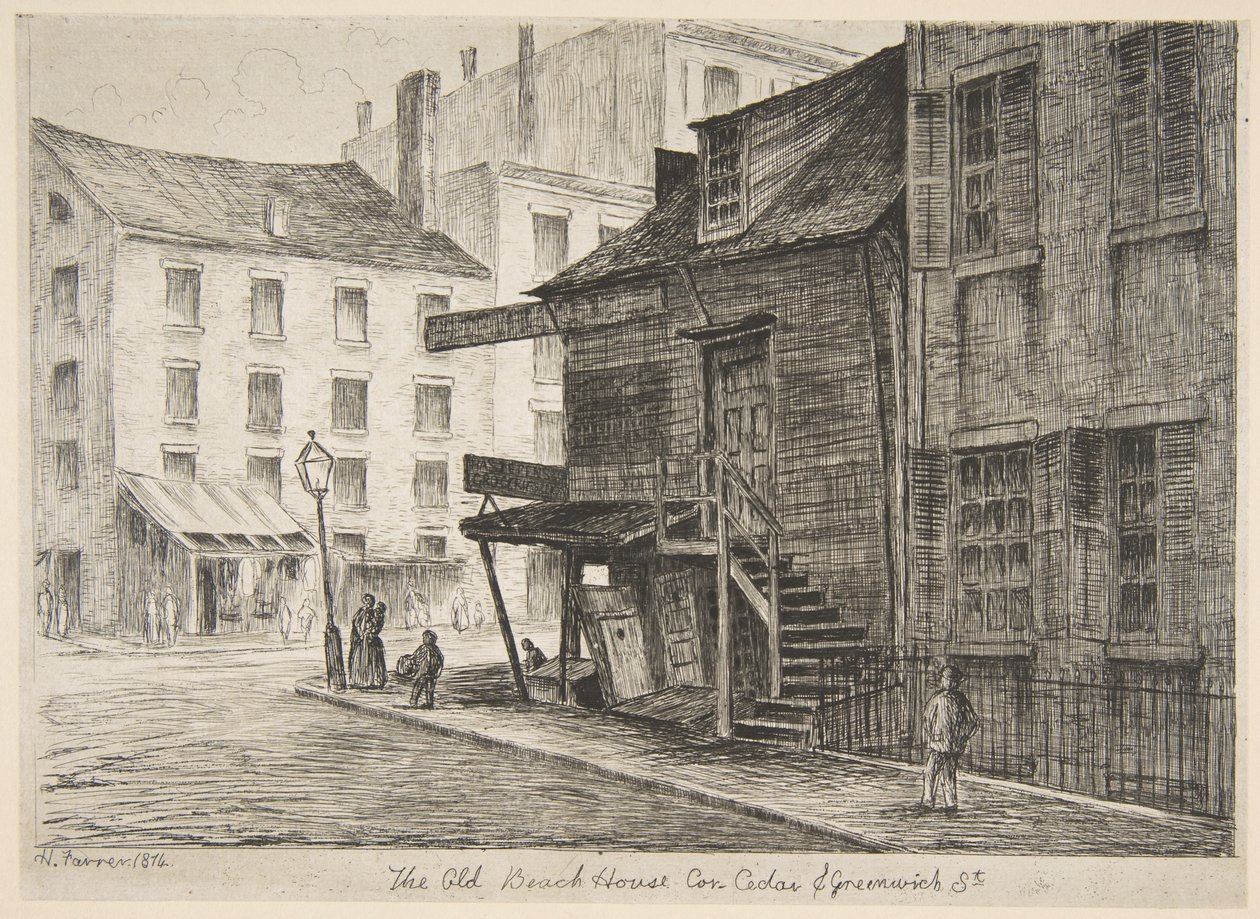 Det gamle strandhus, hjørnet af Cedar Street og Greenwich Street, fra «Scener fra det gamle New York» af Henry Farrer