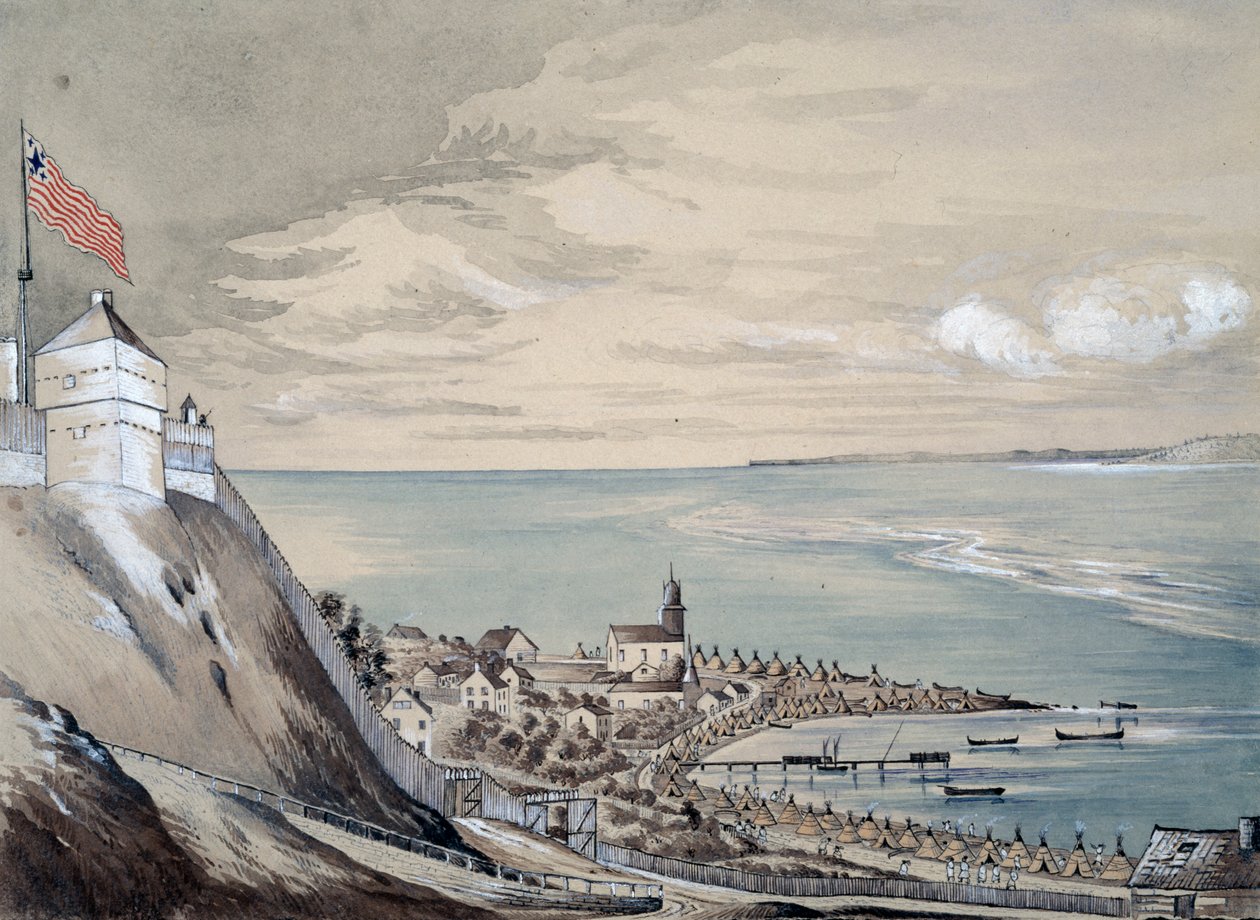 Fort og landsby Mackinaw, med den indiske lejr, september 1842 (wc på papir) af Henry Francis Ainslie