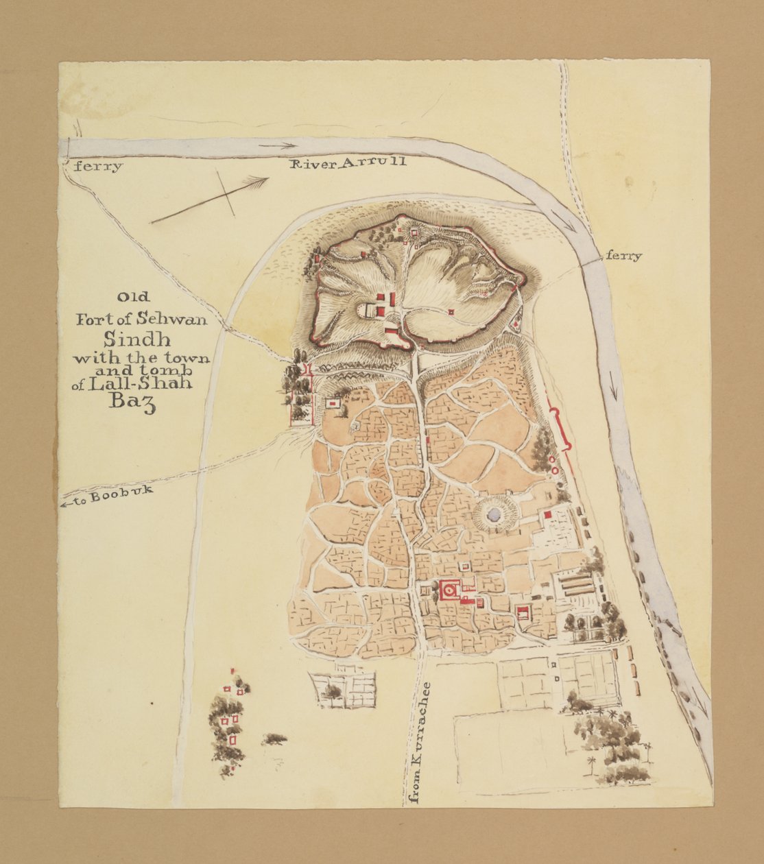 Old Fort of Sehwan, Sindh (blæk og akvarel på papir) af Henry Francis Ainslie