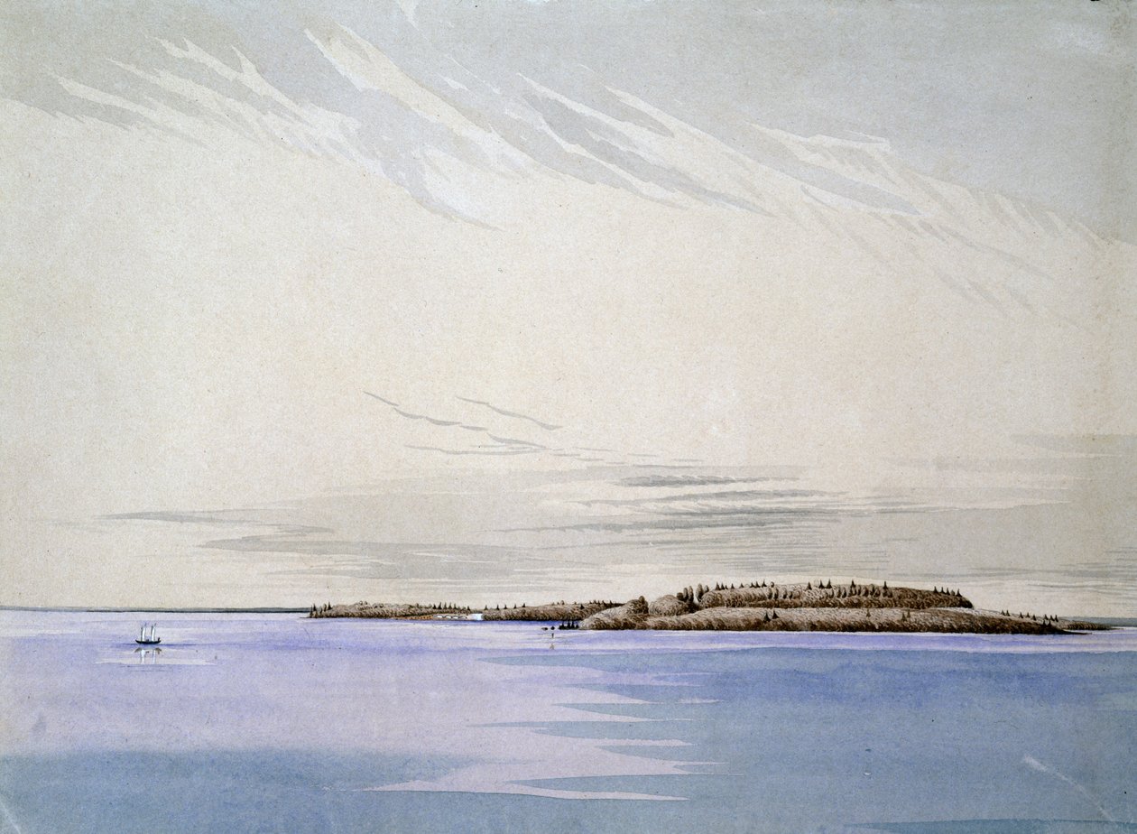 Old Mackinaw, med det franske fort, 1842 (wc på papir) af Henry Francis Ainslie