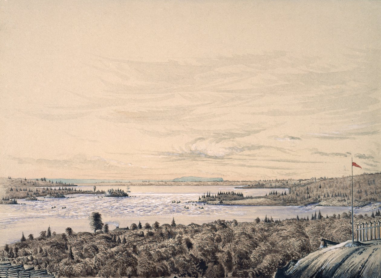 Sault de Ste. Marie mellem Lakes Huron og Superior, 1842 (wc på papir) af Henry Francis Ainslie