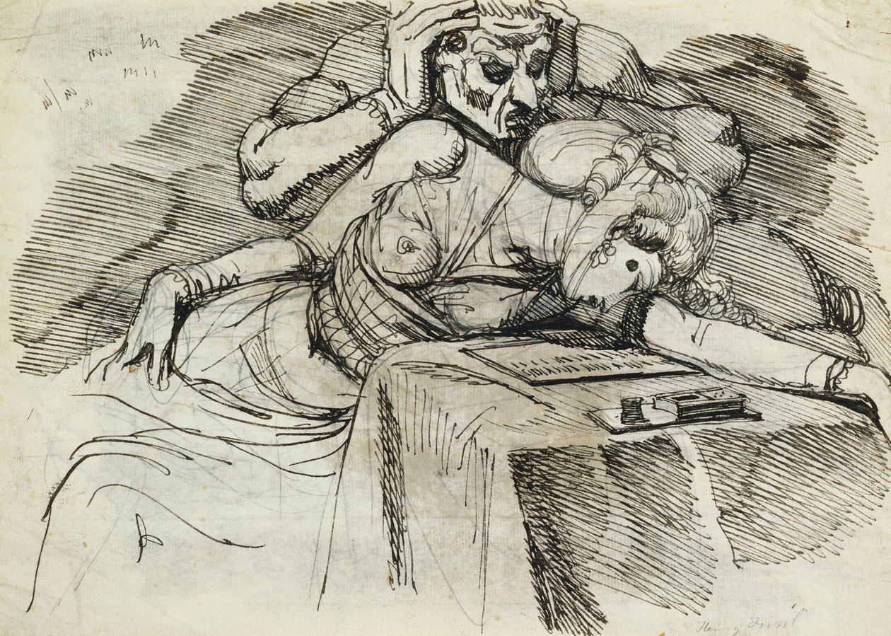 En kvinde, der falder i svime ved et skrivebord, med en truende skikkelse bagved af Johann Heinrich Füssli