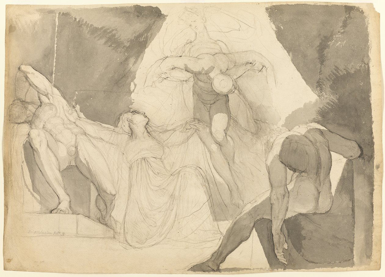 Hjælpet af Eeriboia bærer Hermes de udmattede Ares fra Aloeus sovende Sønner (recto); Skitse af en af de sovende sønner af Aloeus (verso) af Johann Heinrich Füssli