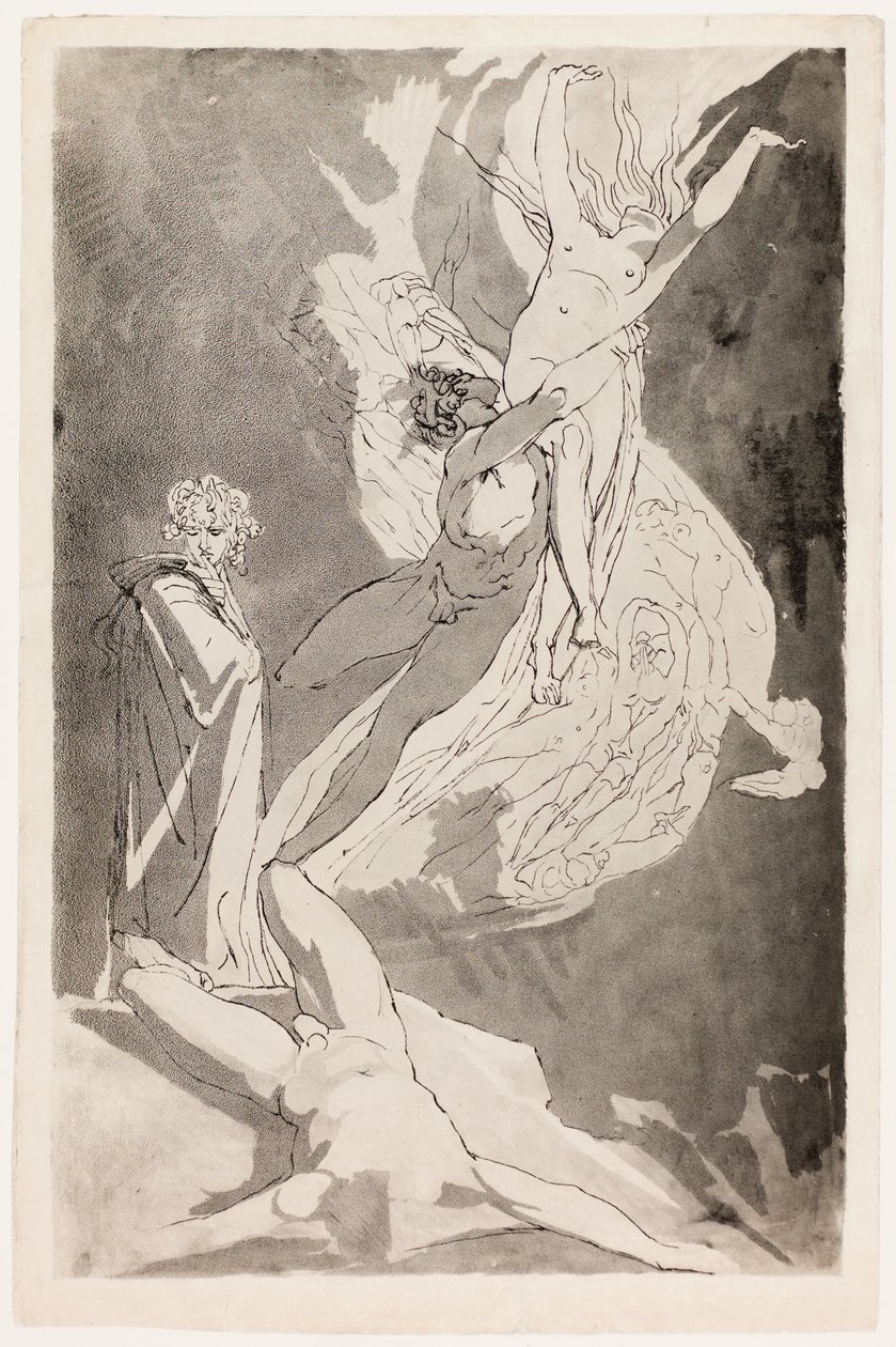 Dante falder i svime foran Paolos og Francescas svævende sjæle, Virgil ved hans side af Johann Heinrich Füssli