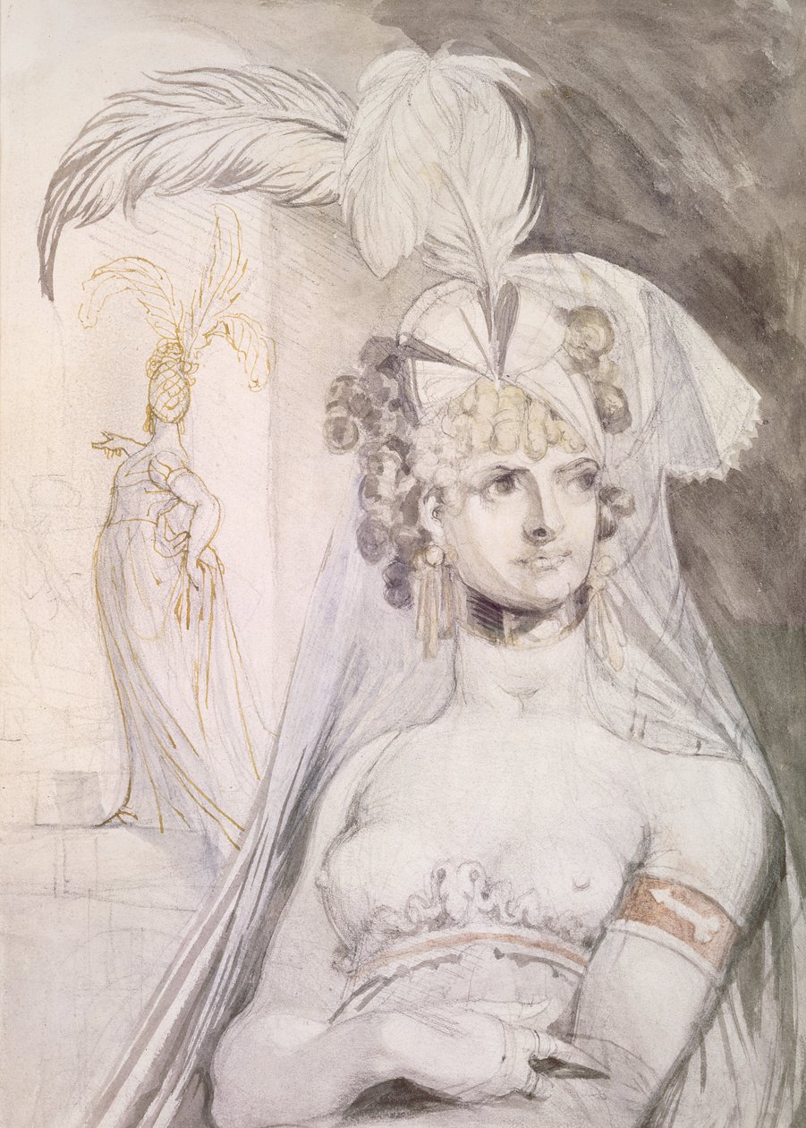 Halvfigur af en kurtisane med fjer, en sløjfe og et slør i håret, 1800-10 (blyant, wc og blæk på papir) af Johann Heinrich Füssli