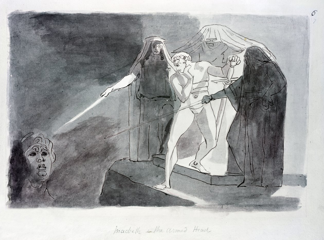 Macbeth and the Armed Head (pen og vask på papir) af Johann Heinrich Füssli