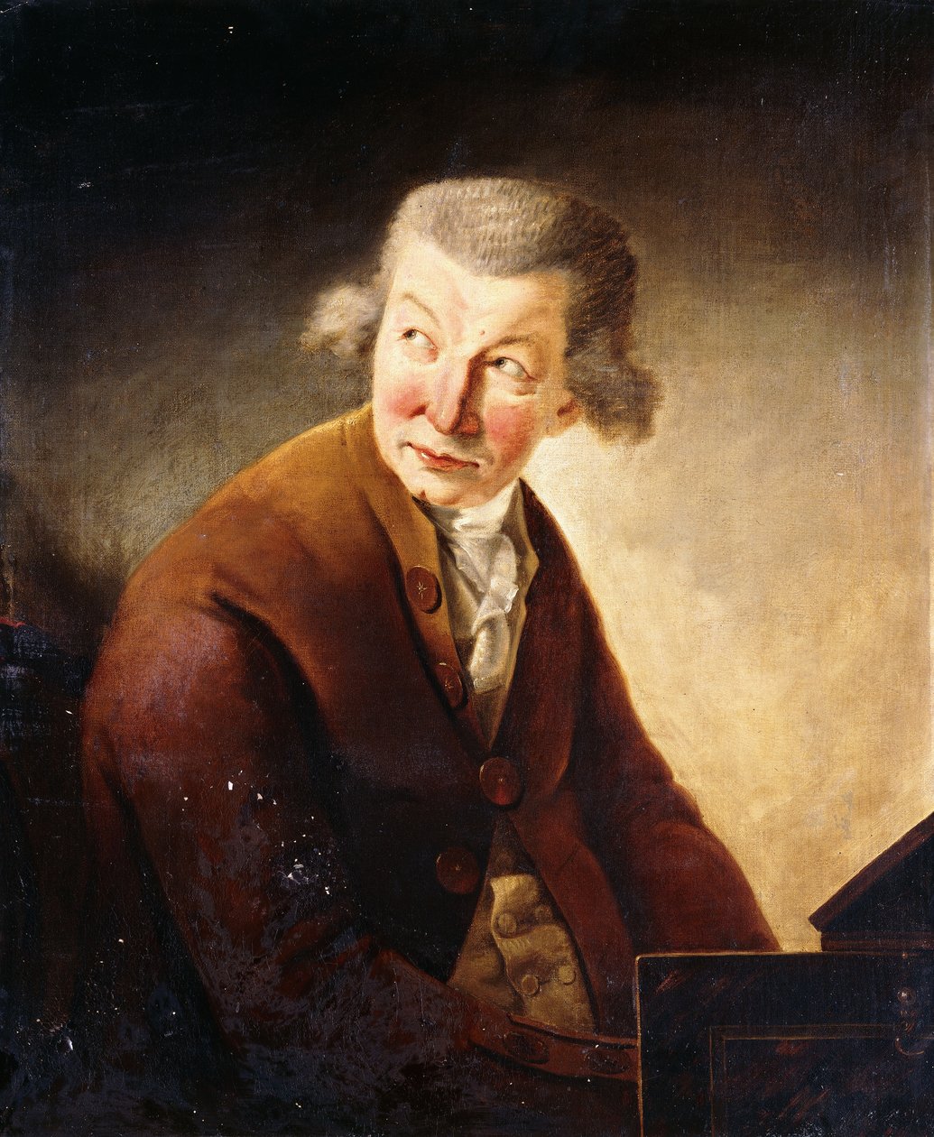 Portræt af en gentleman, identificeret som Franz Joseph Haydn, halvlang, ved en Pianoforte af Johann Heinrich Füssli