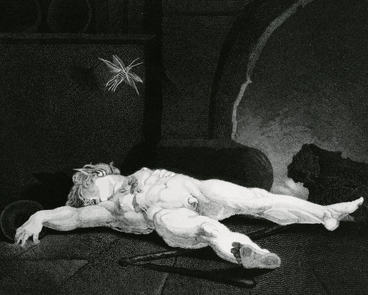 Puck basking asleep Before the Country Hearth, indgraveret af Moses Haughton Jr. af Johann Heinrich Füssli
