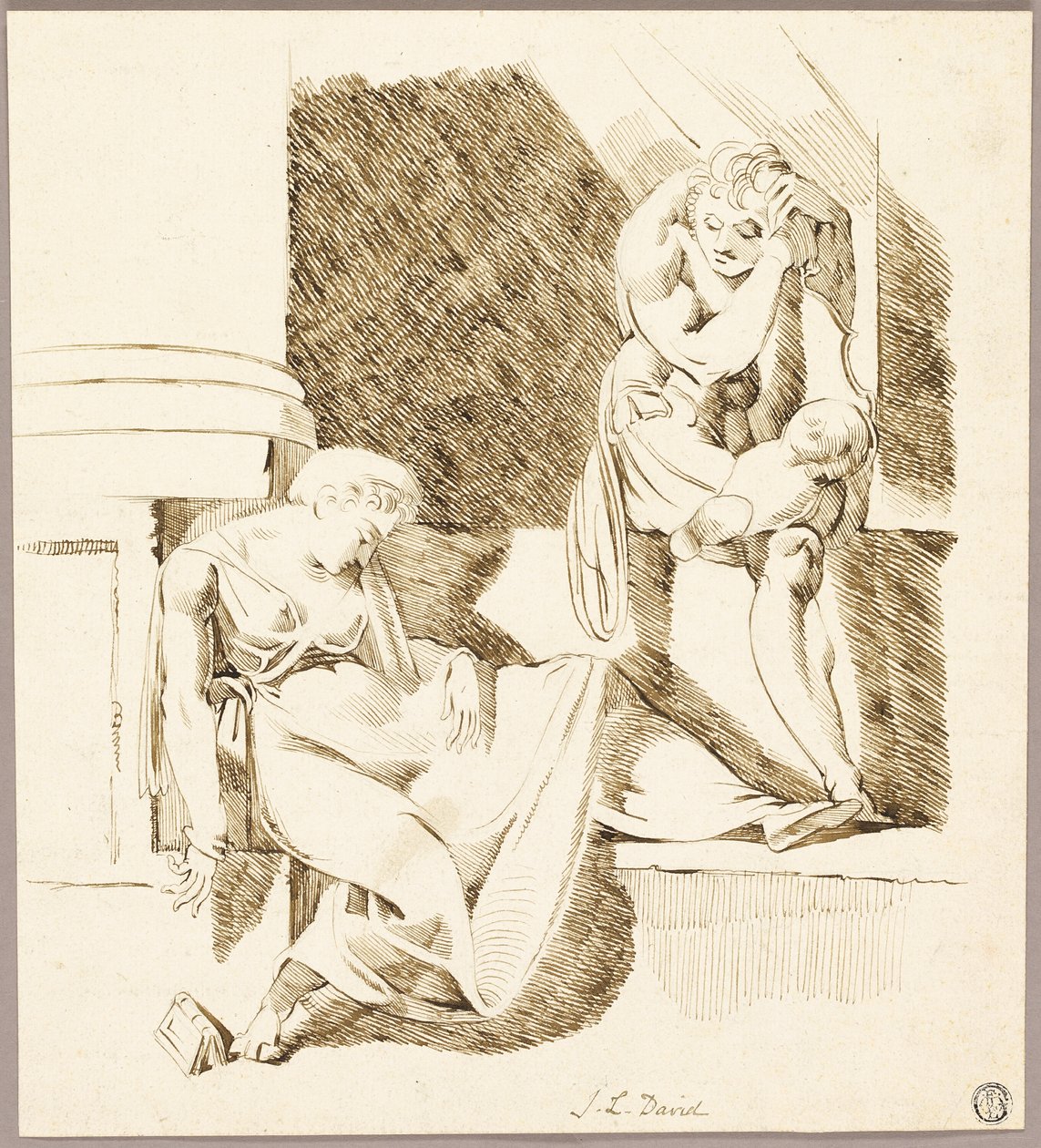 Siddende trubadur ser på kvinden, der sover på afsats af Johann Heinrich Füssli