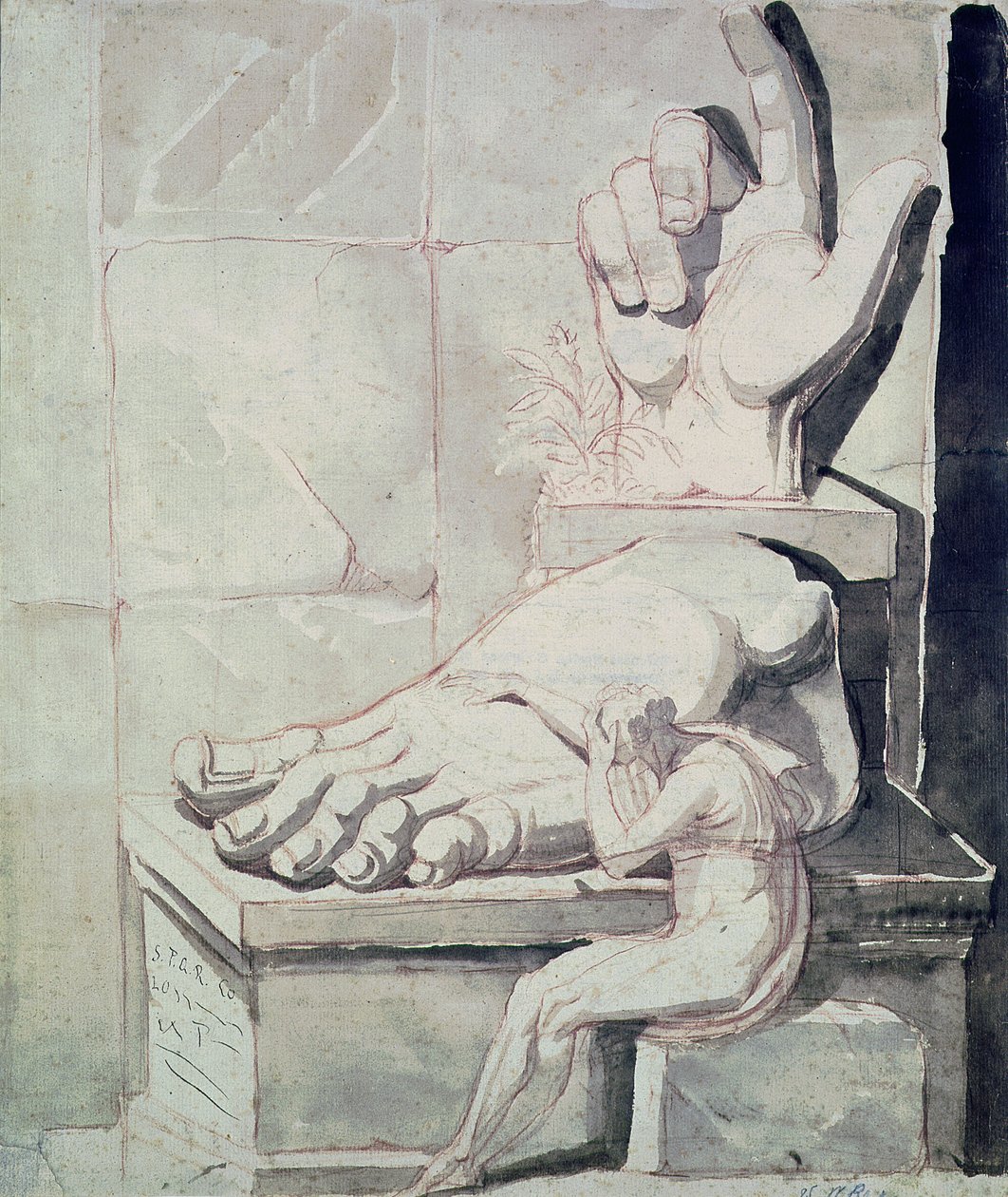 Kunstneren i fortvivlelse over størrelsen af antikke fragmenter (højre hånd og venstre fod af Kolossen af Konstantin) 177880 (rød kridt og sepia vask på papir) af Johann Heinrich Füssli
