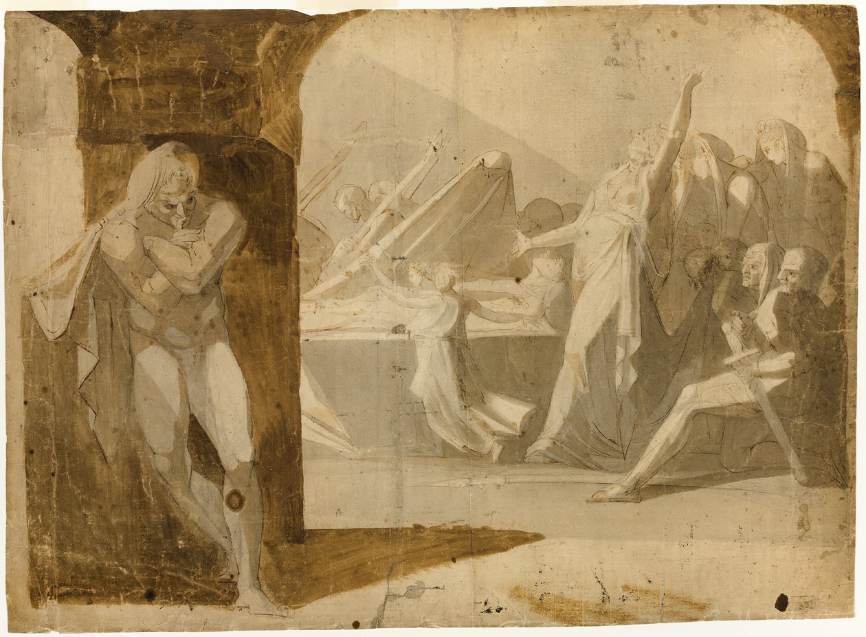 Hertugen af Gloucester ligger i vente på Lady Anne ved begravelsesoptoget af hendes svigerfar, kong Henrik VI (recto); Stående mand nøgen, læner sig frem (verso) af Johann Heinrich Füssli