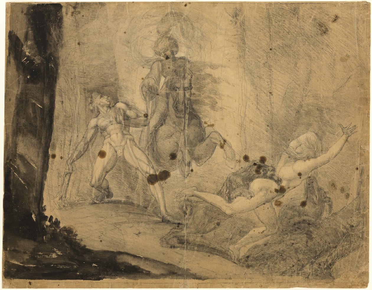 Theodore møder i skoven sin forfader Guido Cavalcantis spøgelse, og jager med mastiffer sin tidligere foragtelige elskerinde af Johann Heinrich Füssli