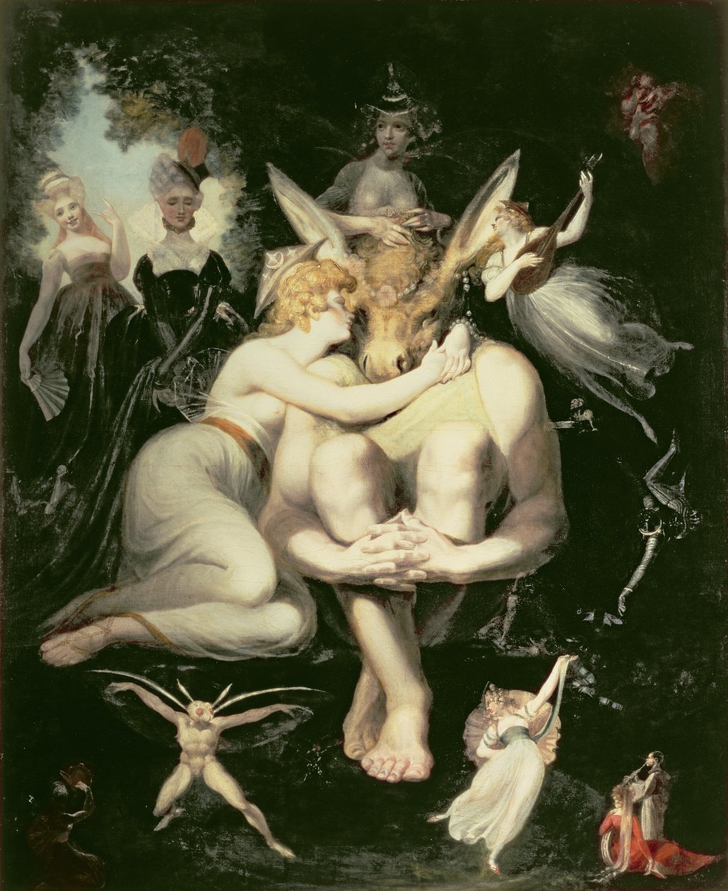 Titania vågner, omgivet af ledsagende feer, klamrer sig henrykt til bunden, stadig iført røvhovedet, 1793-4 af Johann Heinrich Füssli