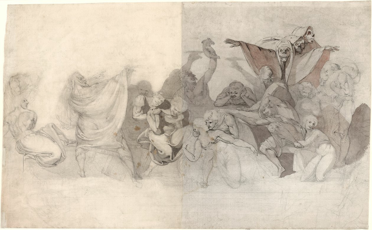 Triumph of Death: Tre skeletter invaderer en Bacchanal orkestreret af en tryllekunstner eller en ond dæmon af Johann Heinrich Füssli